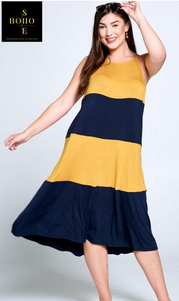 "SORRY CHARLIE" Dual Striped Maxi Dress- Navy/Yellow