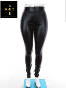 BLACK LICORICE-Faux Leather Leggings w/Buttons