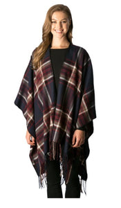 "I'M COVERED"- Plaid Tattersall Cape/Fringed-NAVY