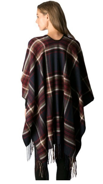 "I'M COVERED"- Plaid Tattersall Cape/Fringed-NAVY