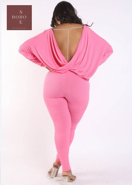 "A LITTLE PLUNGE" 2 Piece Plunging Pearl Pant Set - Pink